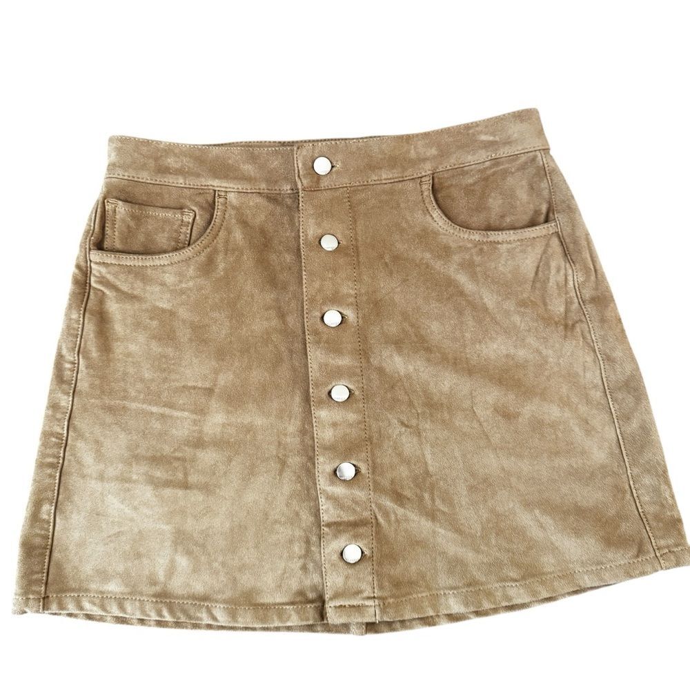 Express Jeans Faux Suede Button Front Mini Skirt Tan Boho Western Size 8